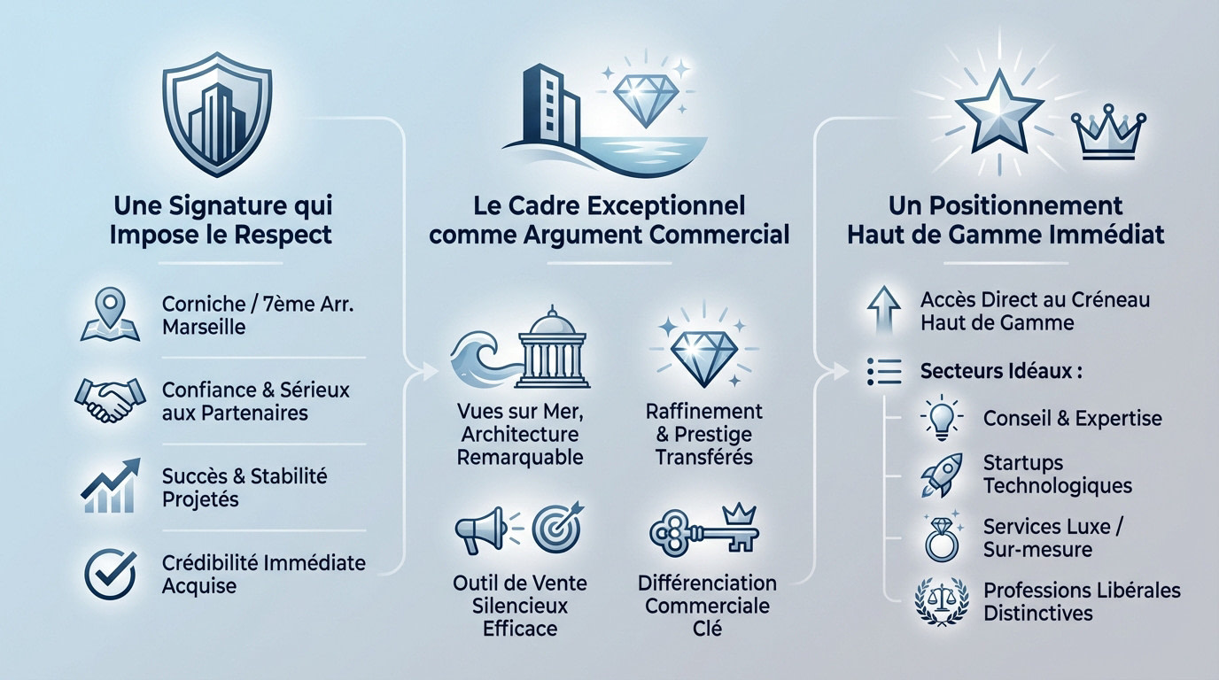 Vue panoramique depuis la Corniche Kennedy à Marseille illustrant le prestige d'une domiciliation d'entreprise