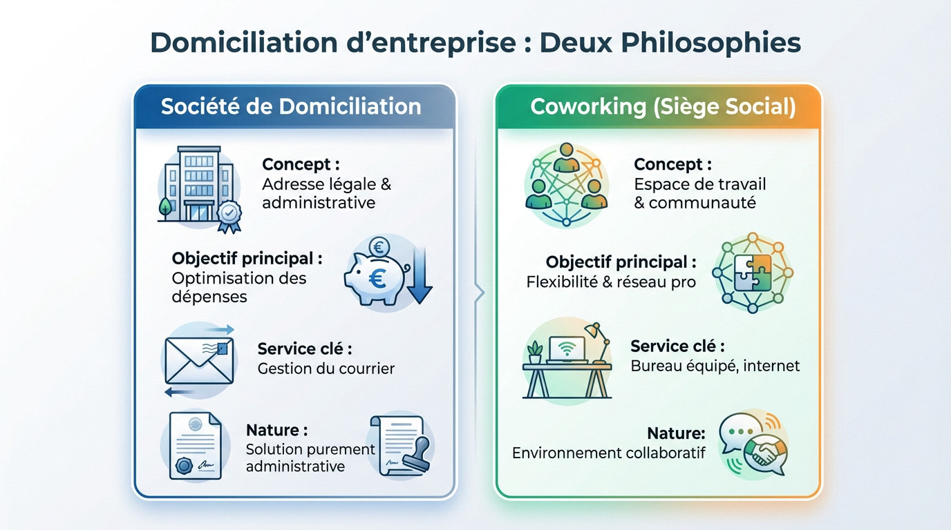 Comparaison entre une société de domiciliation et un espace de coworking pour le siège social d'une entreprise